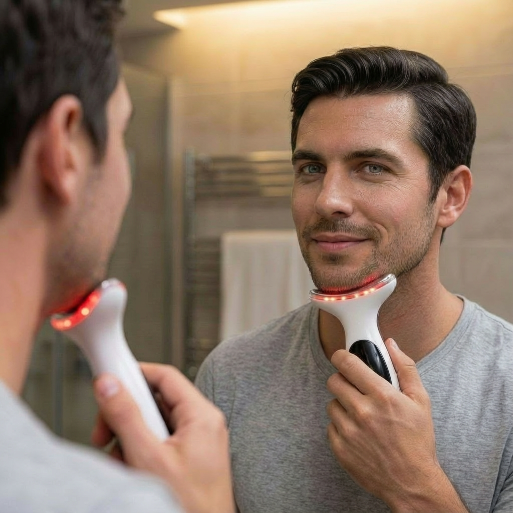 AuraCell Jawline Sculpting Device with EMS Microcurrent & 630nm Red Light – Neck & Double Chin Tightening | Lumi Red